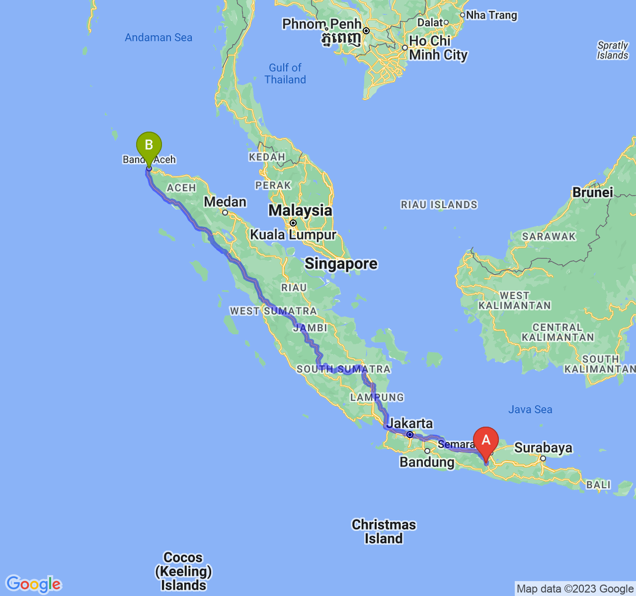 perjalanan dengan rute Kota Magelang-Kota Banda Aceh