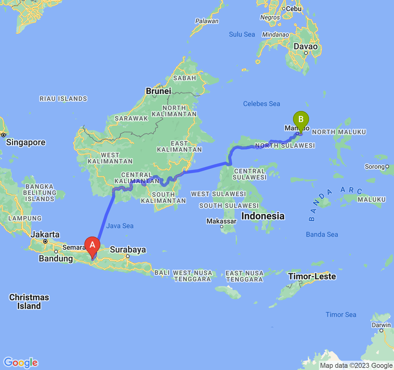 perjalanan dengan rute Kota Magelang-Kota Bitung