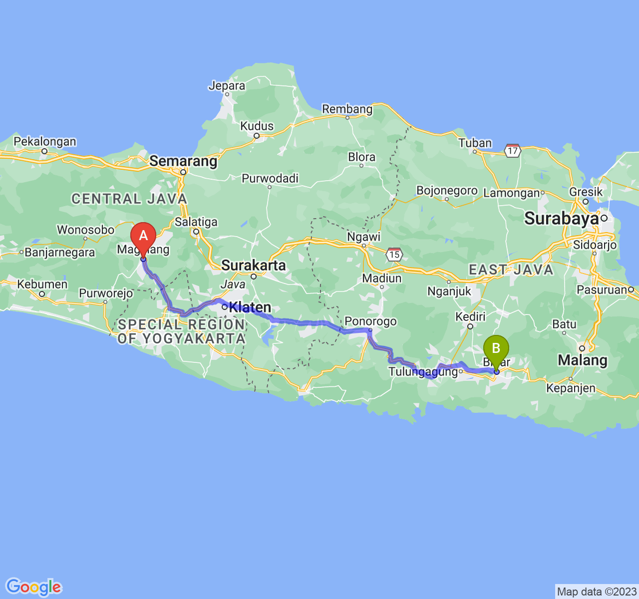 perjalanan dengan rute Kota Magelang-Kota Blitar