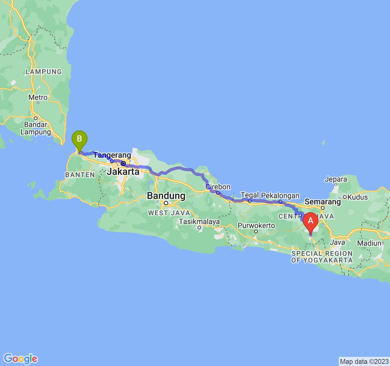 perjalanan dengan rute Kota Magelang-Kota Cilegon