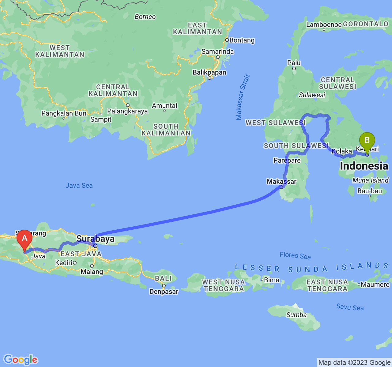 perjalanan dengan rute Kota Magelang-Kota Kendari