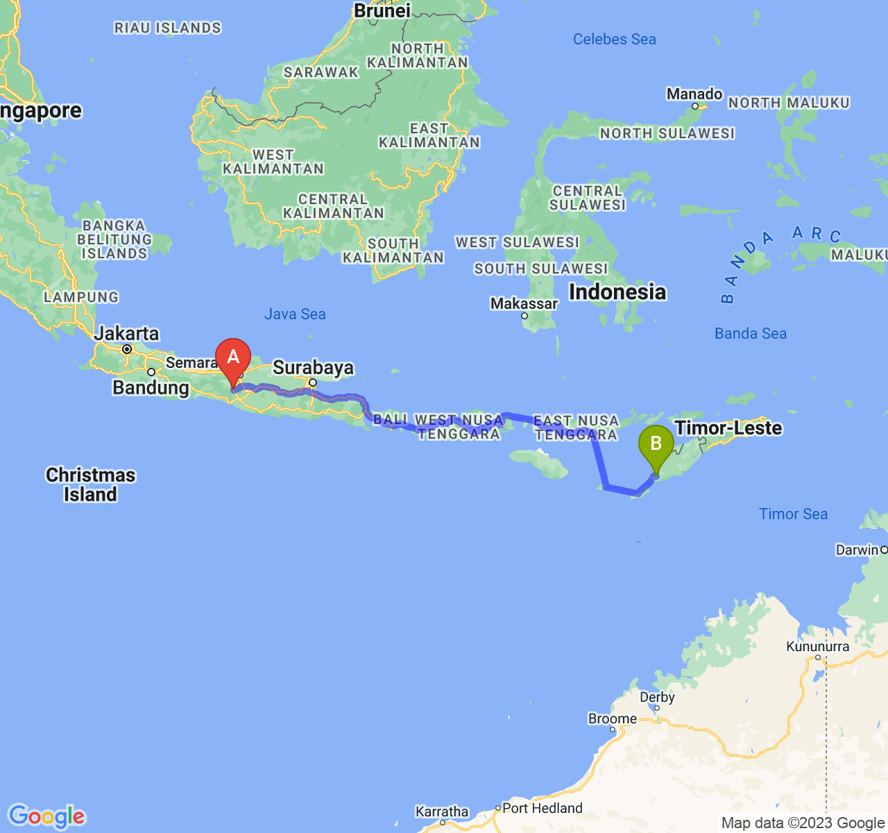 perjalanan dengan rute Kota Magelang-Kota Kupang