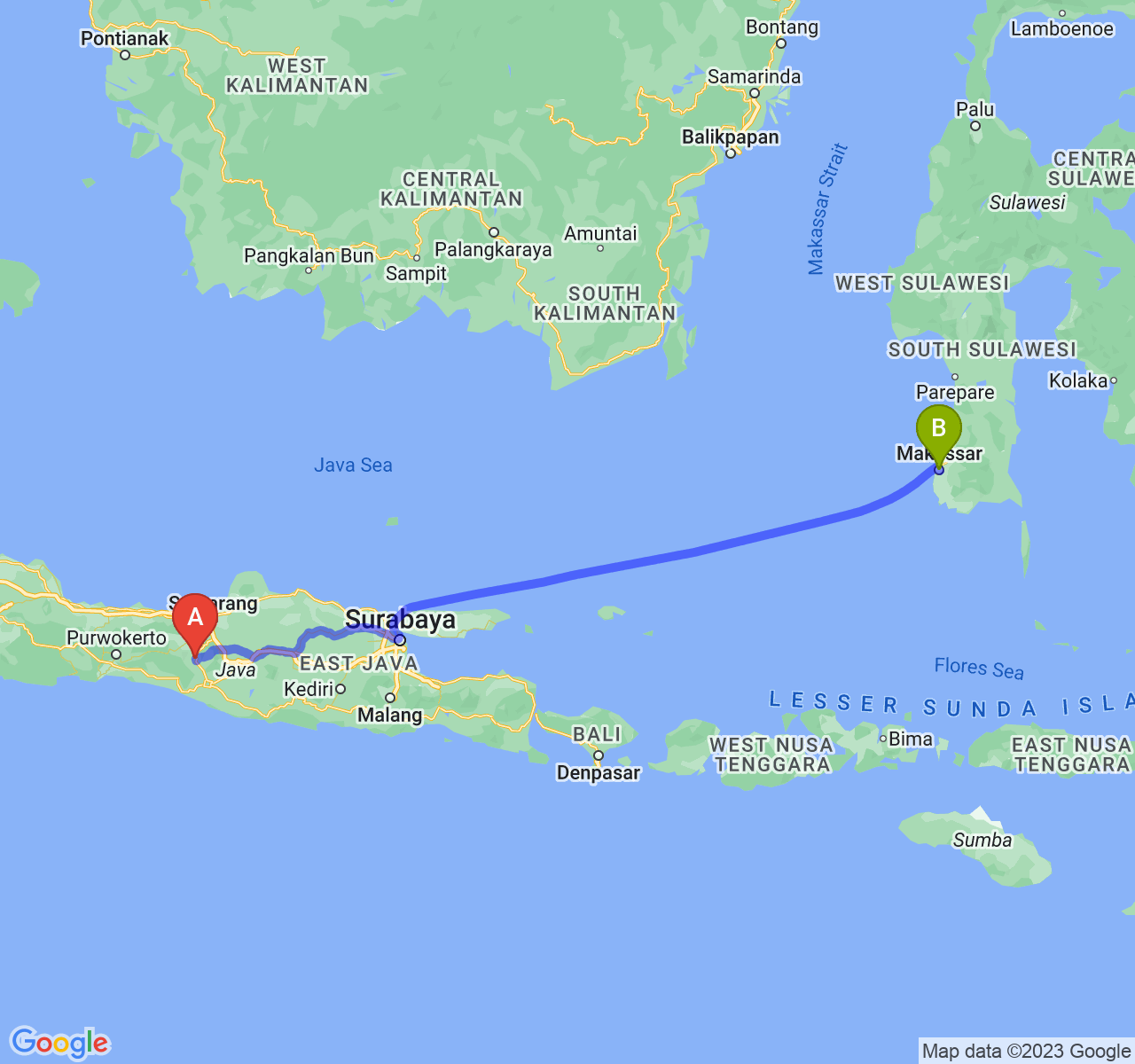 perjalanan dengan rute Kota Magelang-Kota Makassar