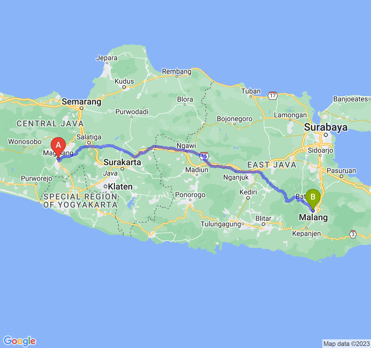 perjalanan dengan rute Kota Magelang-Kota Malang