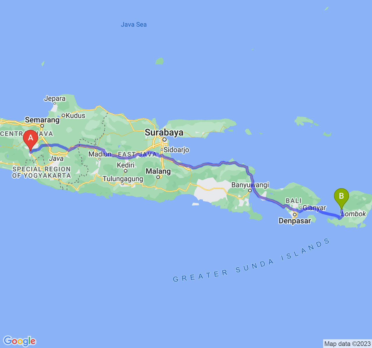 perjalanan dengan rute Kota Magelang-Kota Mataram