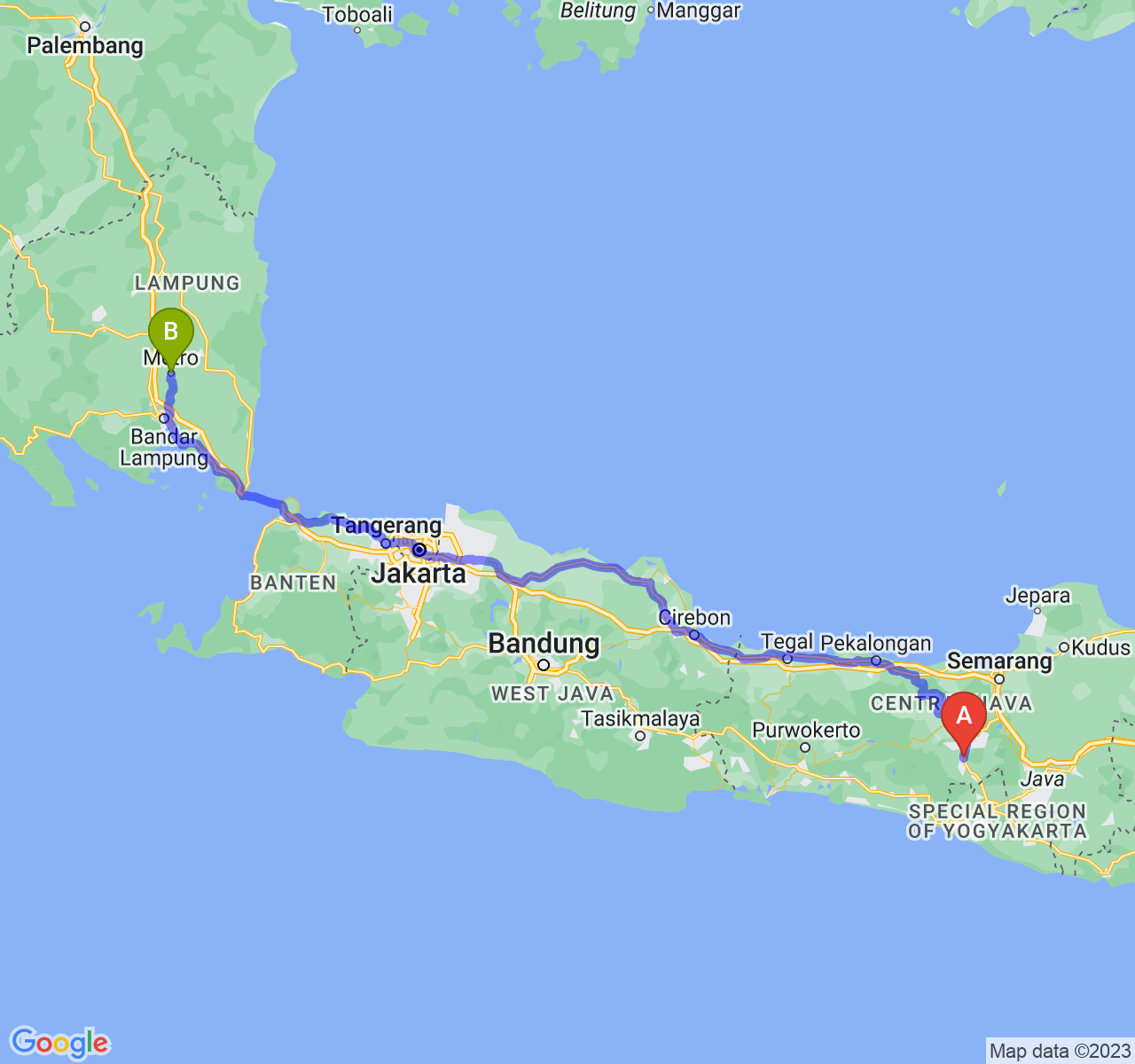 perjalanan dengan rute Kota Magelang-Kota Metro