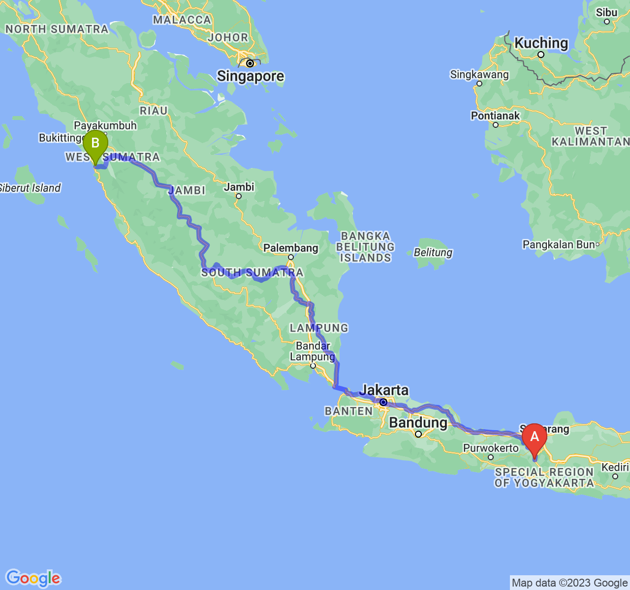 perjalanan dengan rute Kota Magelang-Kota Padang