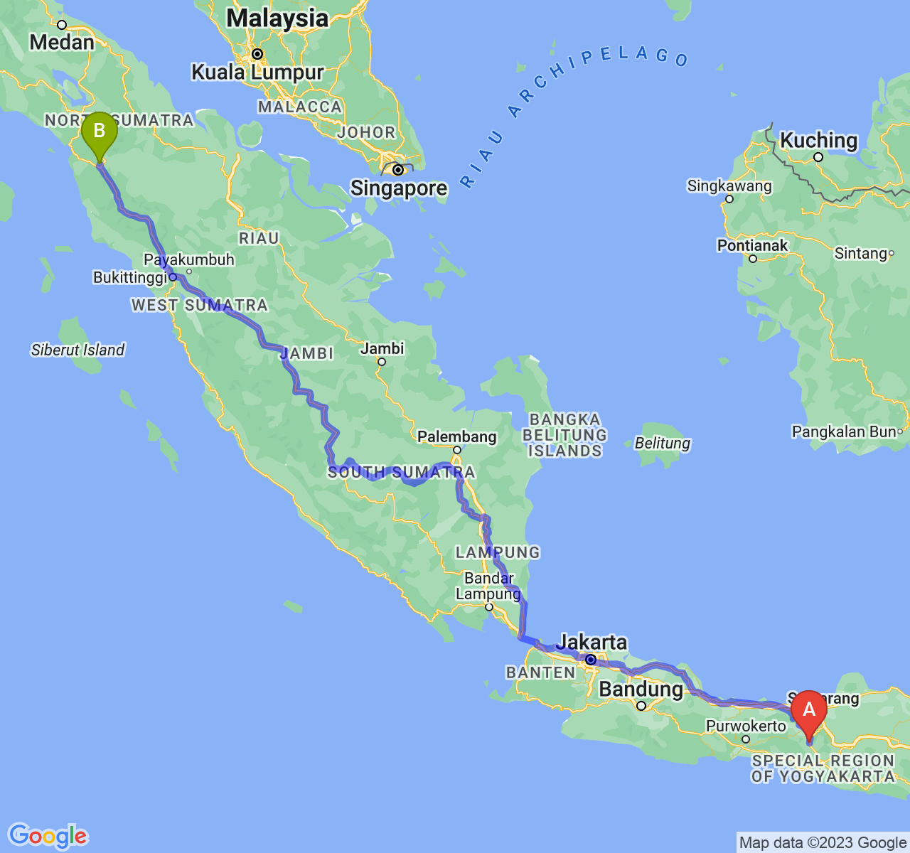 perjalanan dengan rute Kota Magelang-Kota Padang Sidimpuan