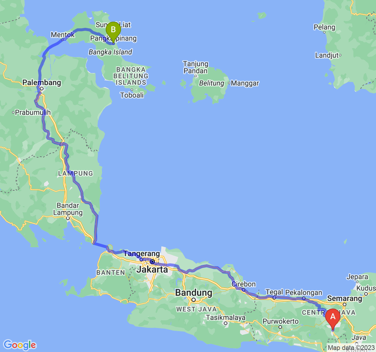 perjalanan dengan rute Kota Magelang-Kota Pangkalpinang