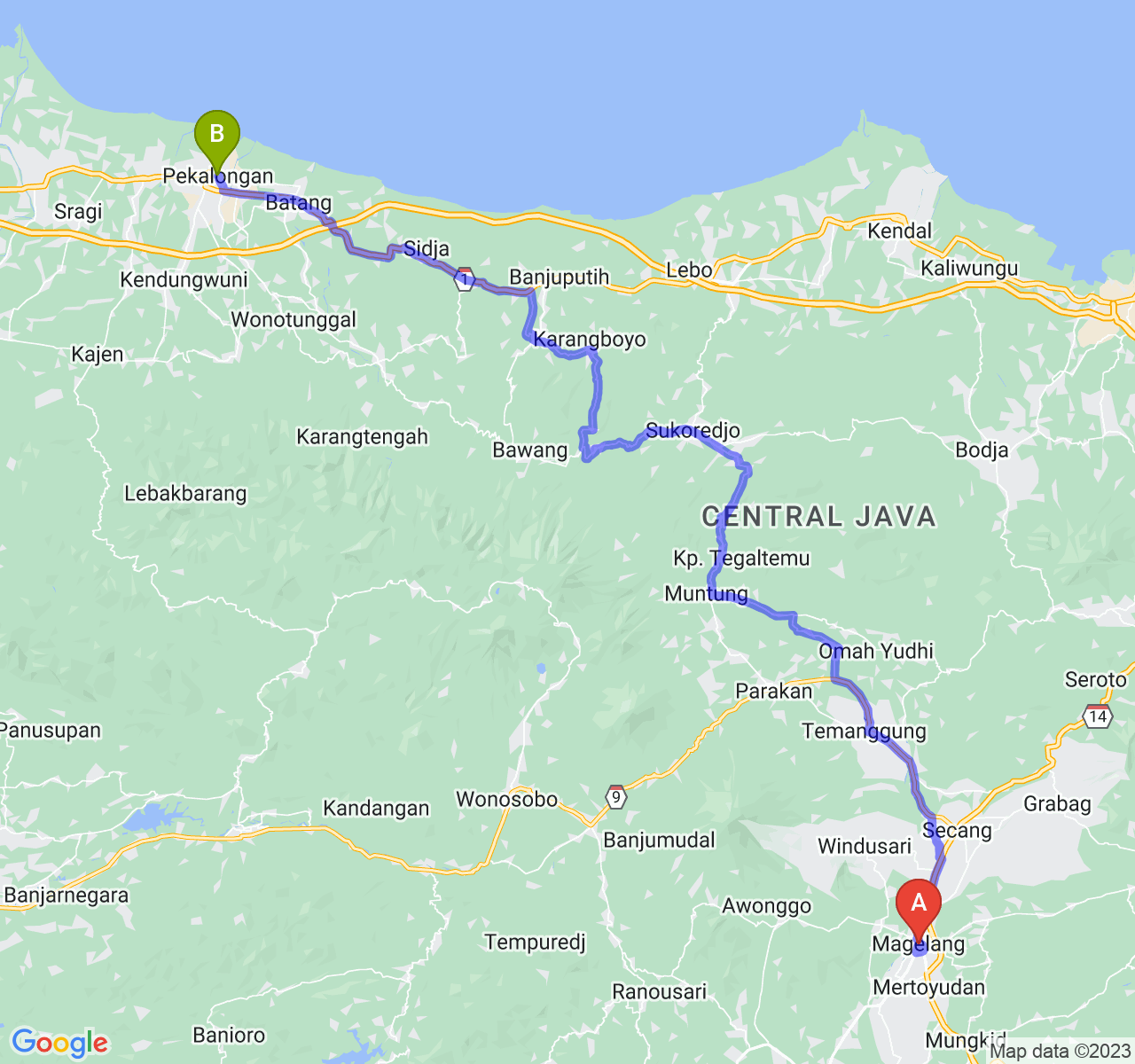 perjalanan dengan rute Kota Magelang-Kota Pekalongan