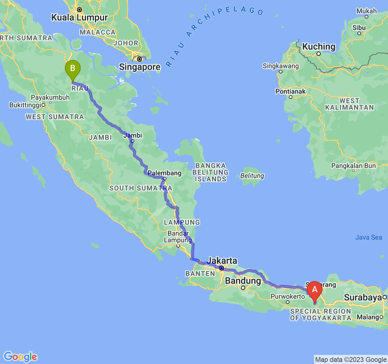 perjalanan dengan rute Kota Magelang-Kota Pekanbaru