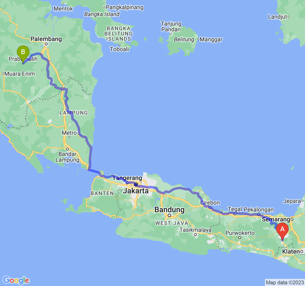 perjalanan dengan rute Kota Magelang-Kota Prabumulih