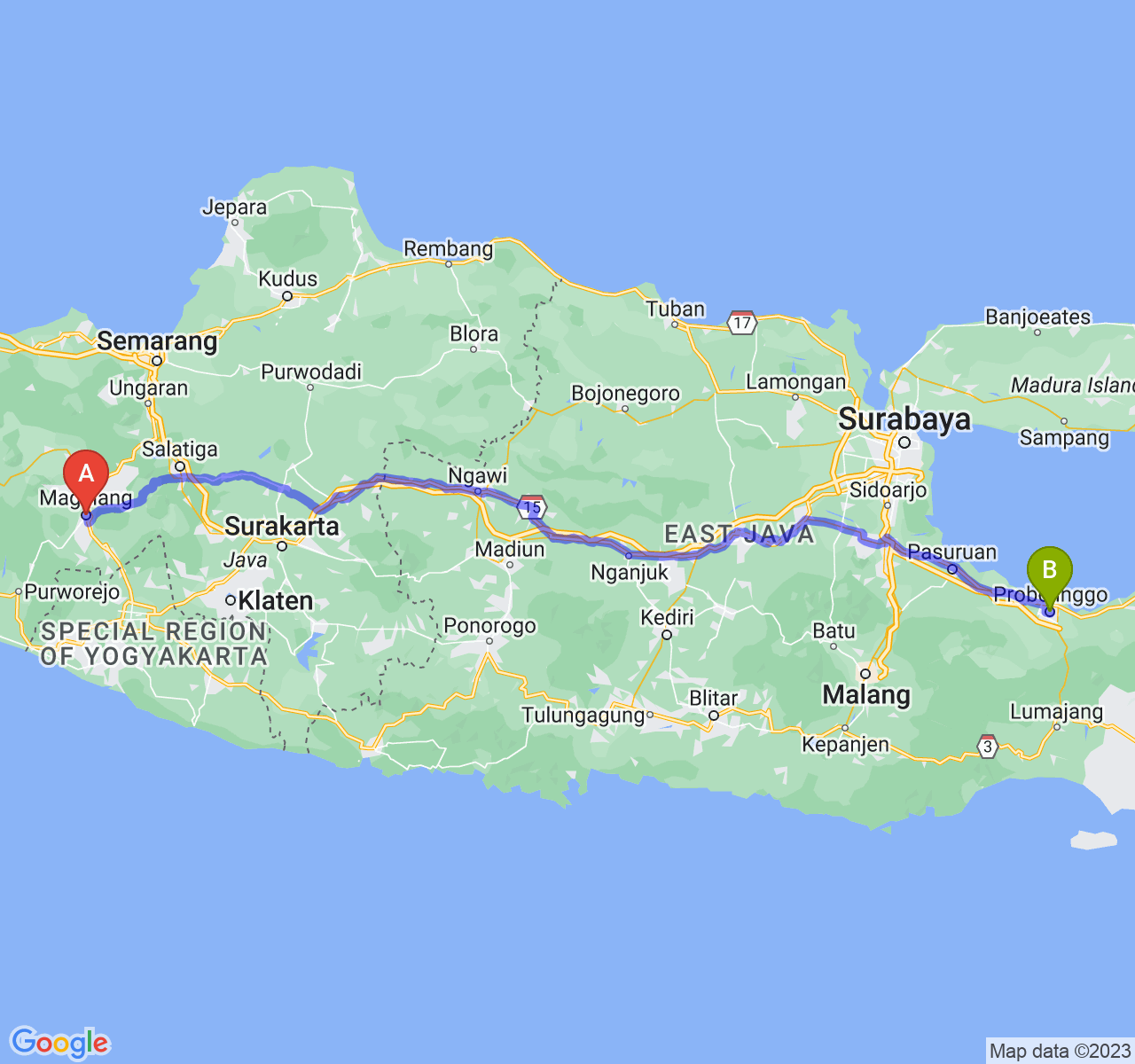 perjalanan dengan rute Kota Magelang-Kota Probolinggo