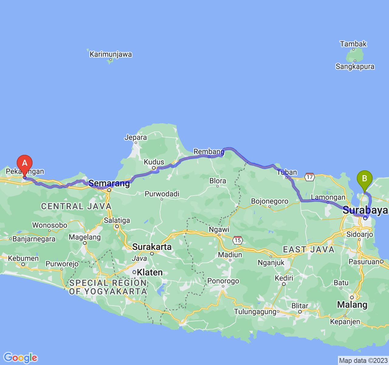 perjalanan dengan rute Kota Pekalongan-Kab. Bangkalan