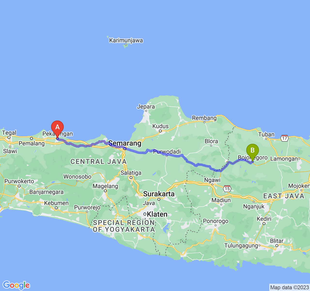 perjalanan dengan rute Kota Pekalongan-Kab. Bojonegoro