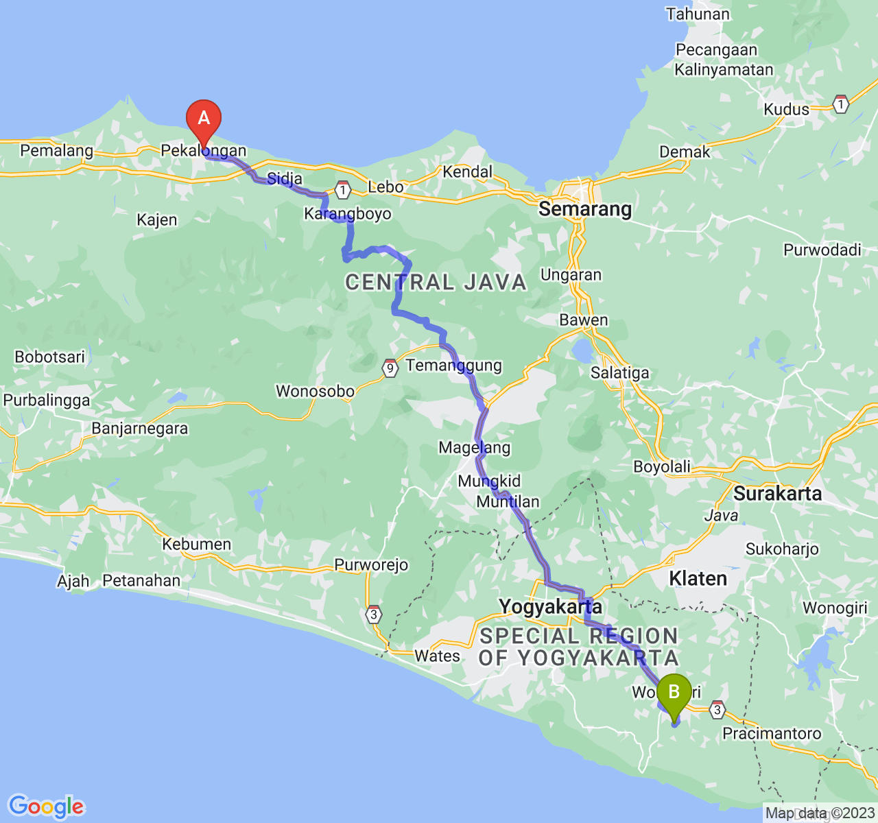 perjalanan dengan rute Kota Pekalongan-Kab. Gunung Kidul