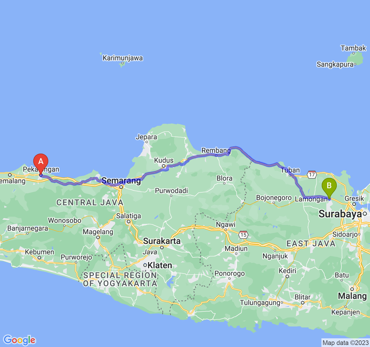 perjalanan dengan rute Kota Pekalongan-Kab. Lamongan