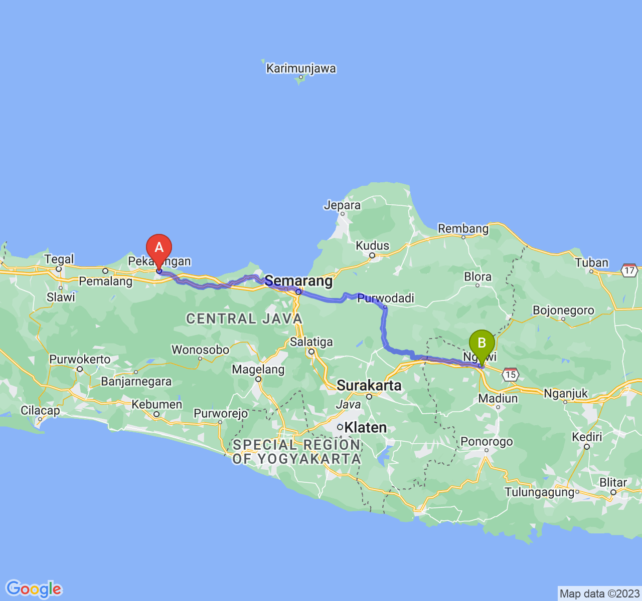 perjalanan dengan rute Kota Pekalongan-Kab. Ngawi