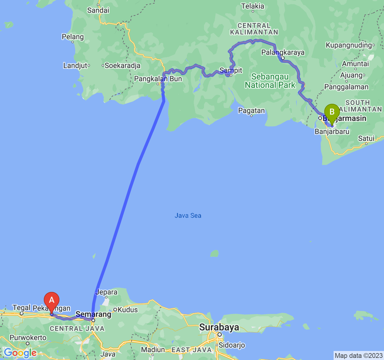 perjalanan dengan rute Kota Pekalongan-Kota Banjarbaru