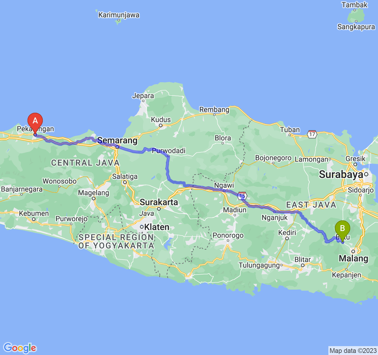 perjalanan dengan rute Kota Pekalongan-Kota Batu