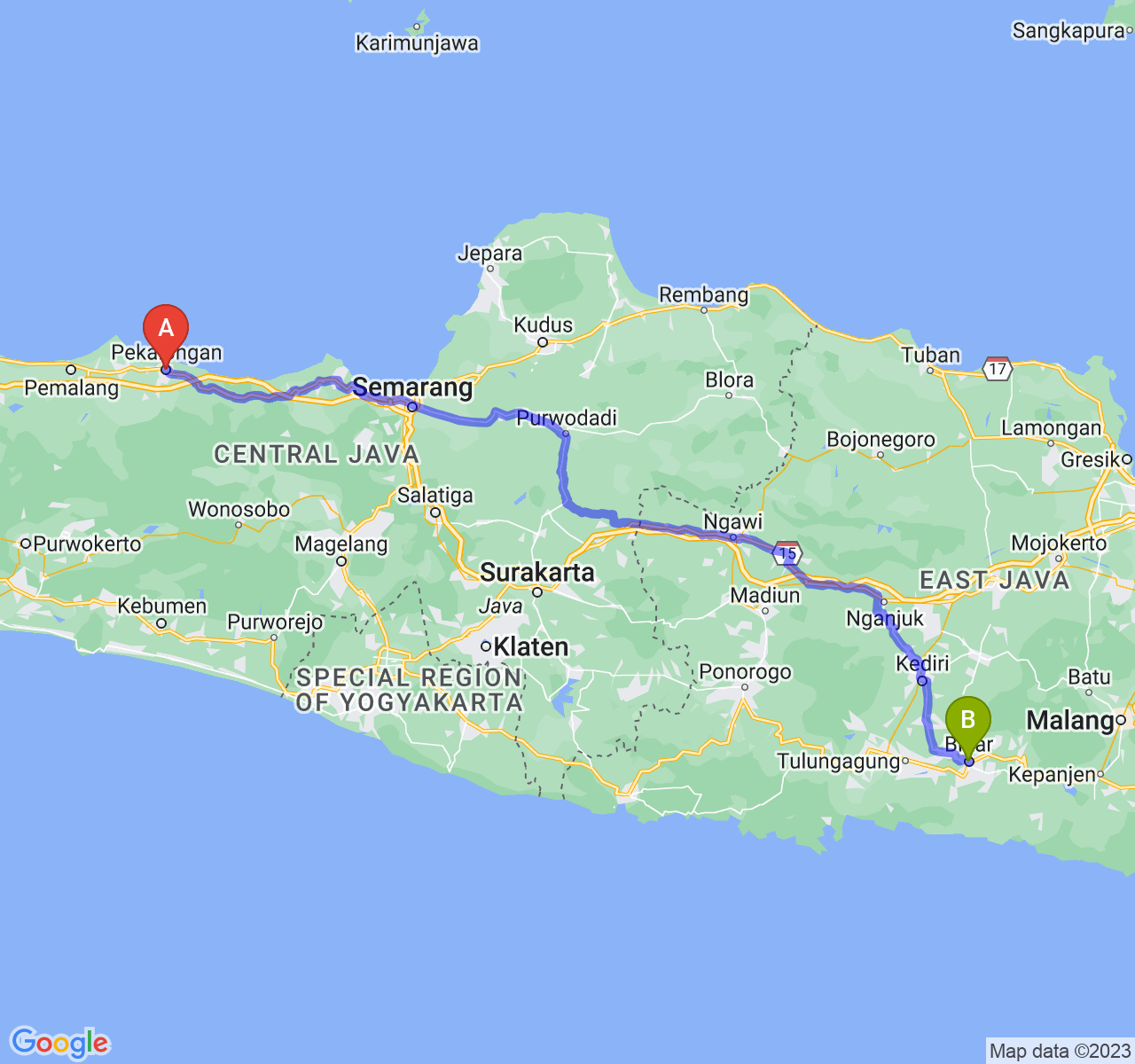 perjalanan dengan rute Kota Pekalongan-Kota Blitar