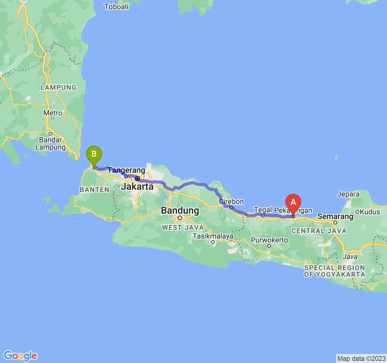 perjalanan dengan rute Kota Pekalongan-Kota Cilegon