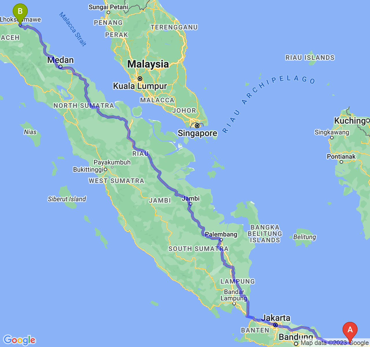 perjalanan dengan rute Kota Pekalongan-Kota Lhokseumawe