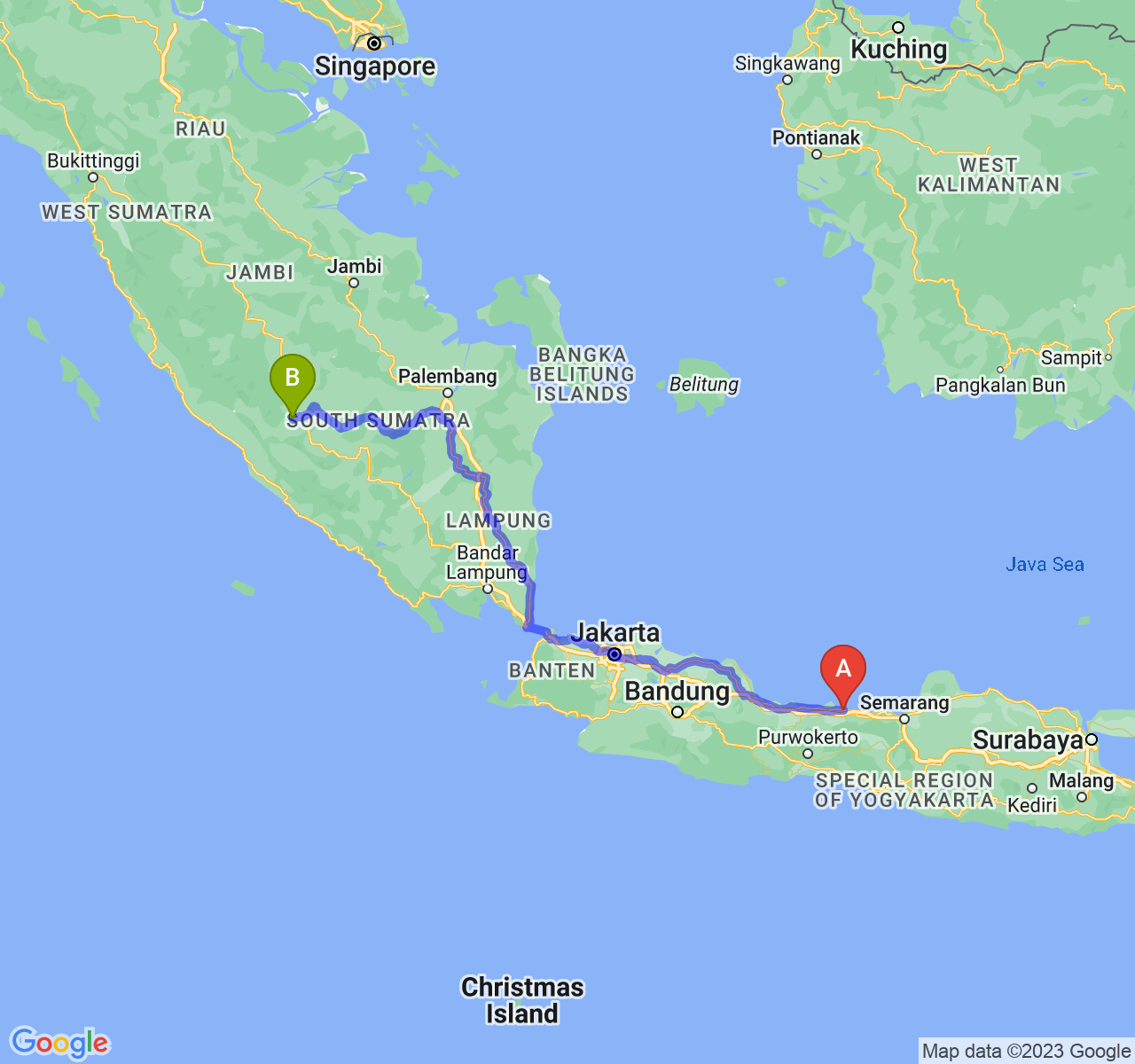 perjalanan dengan rute Kota Pekalongan-Kota Lubuk Linggau