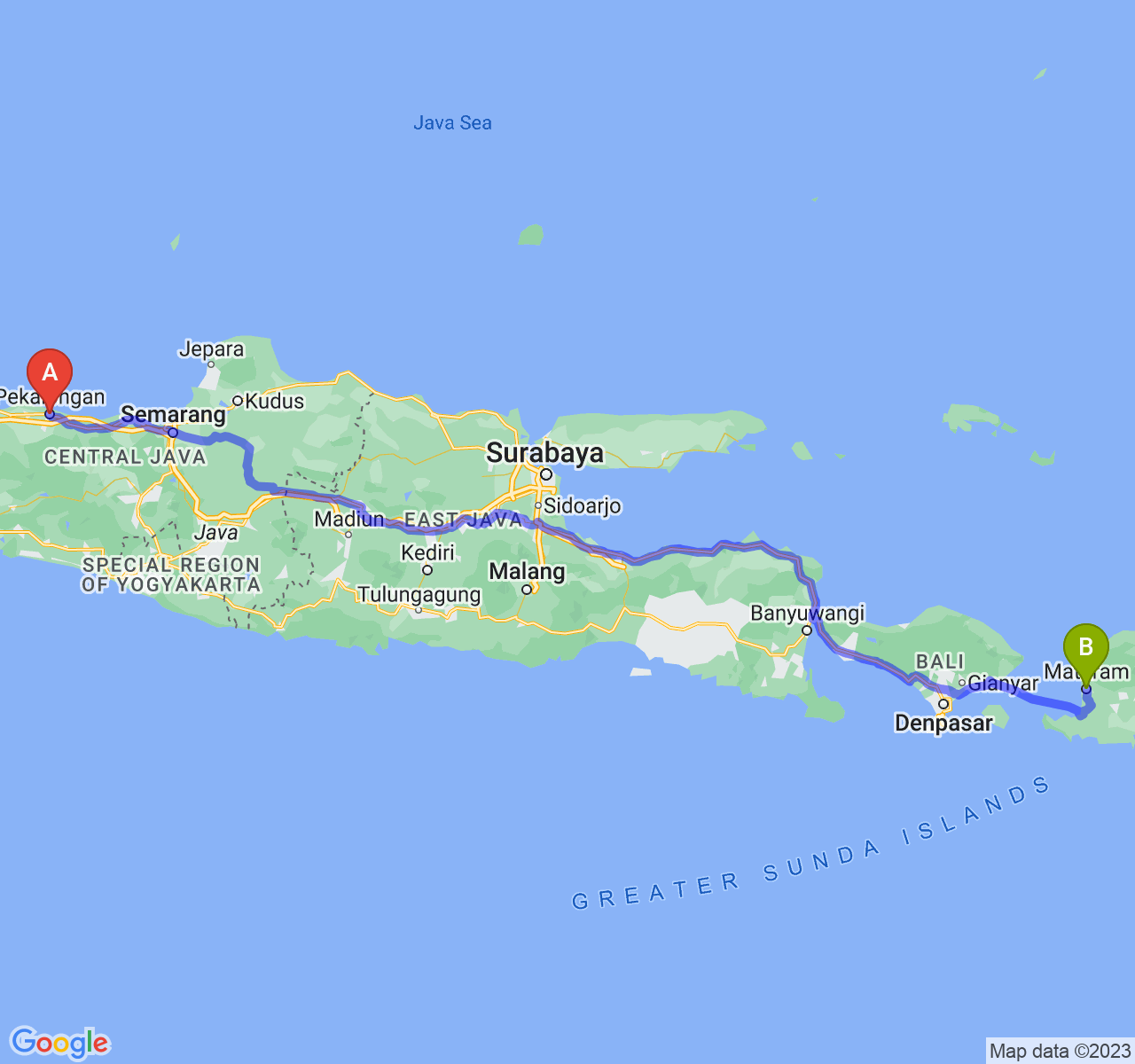 perjalanan dengan rute Kota Pekalongan-Kota Mataram