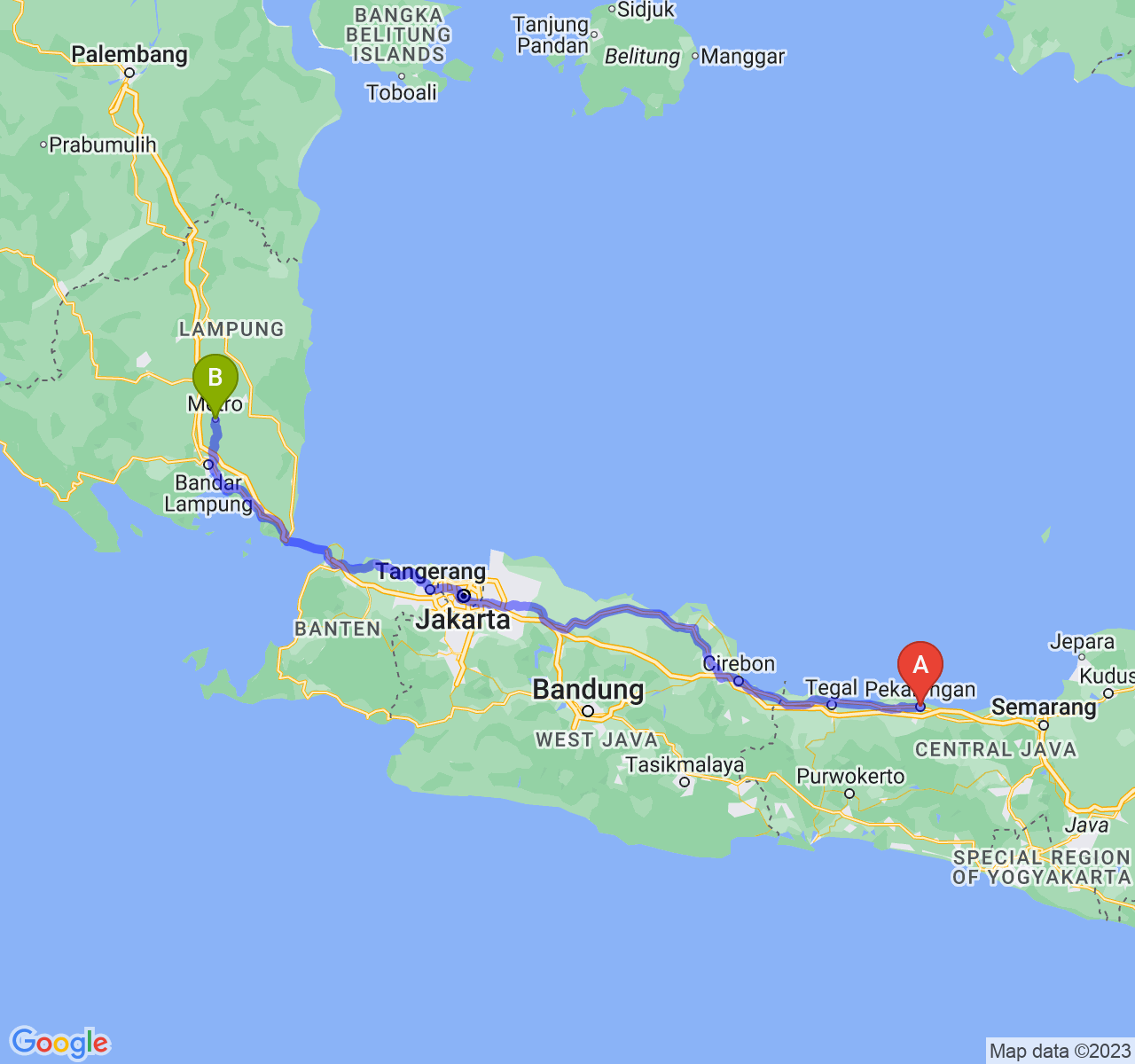 perjalanan dengan rute Kota Pekalongan-Kota Metro