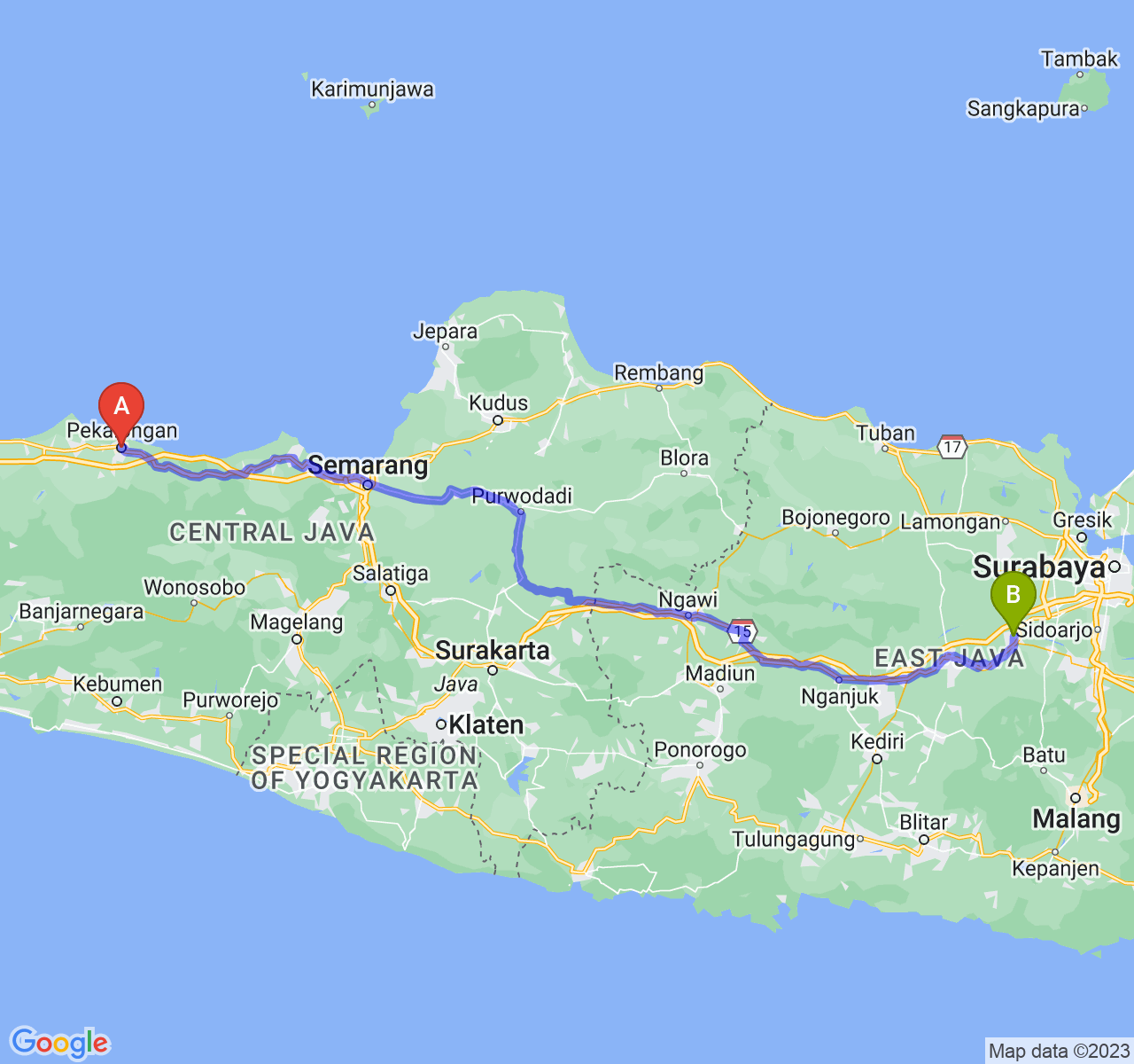 perjalanan dengan rute Kota Pekalongan-Kota Mojokerto