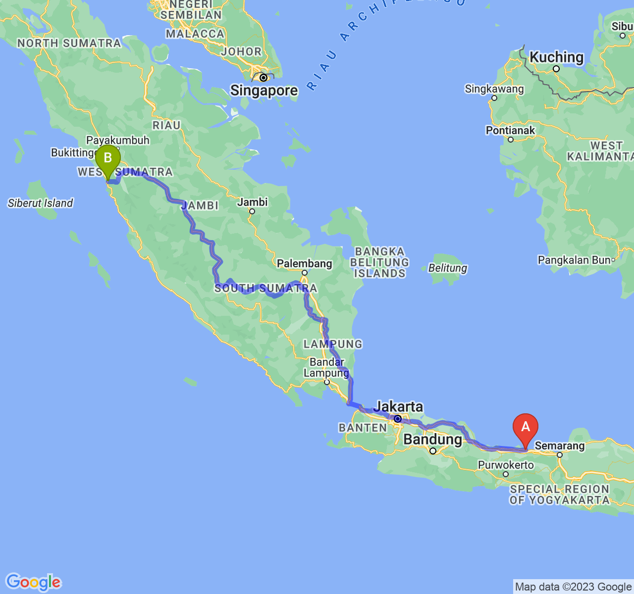 perjalanan dengan rute Kota Pekalongan-Kota Padang