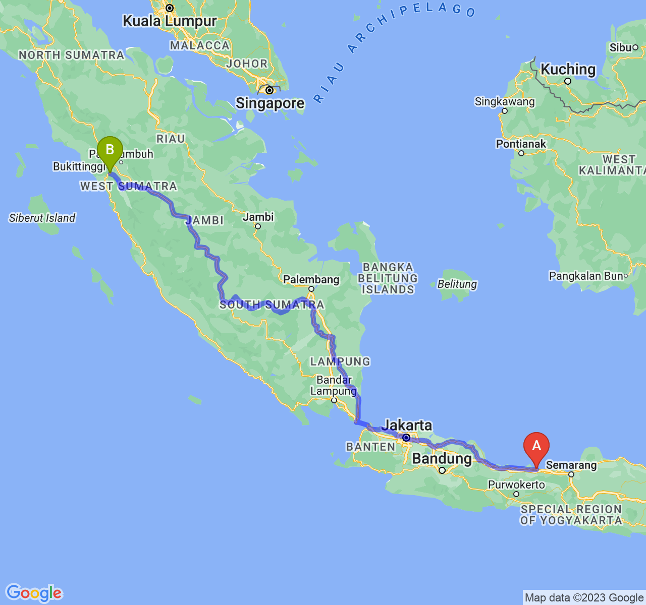 perjalanan dengan rute Kota Pekalongan-Kota Padang Panjang