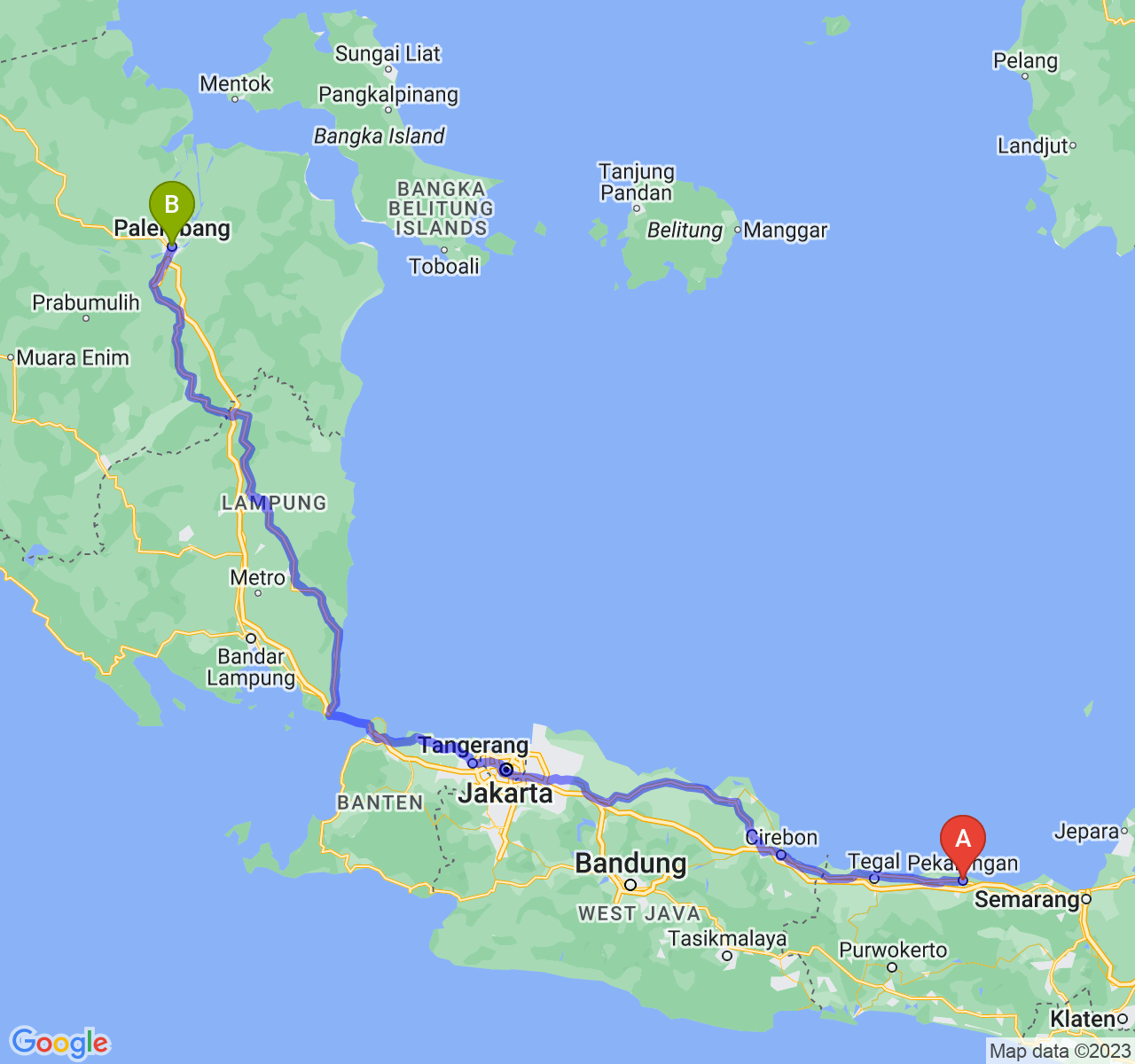 perjalanan dengan rute Kota Pekalongan-Kota Palembang