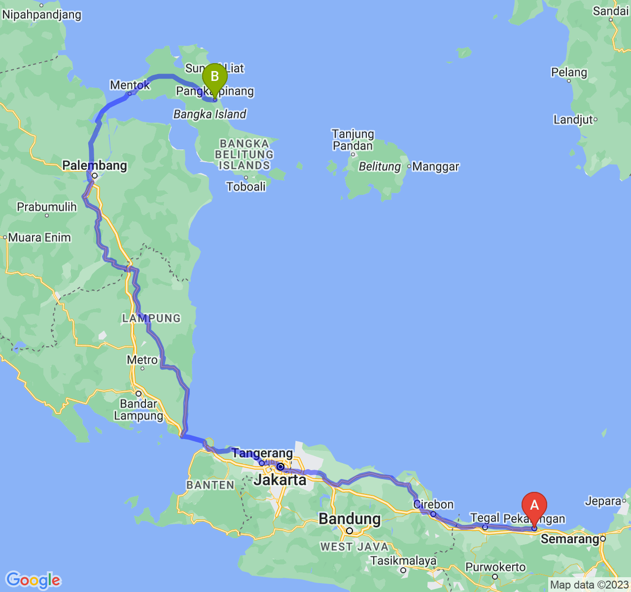 perjalanan dengan rute Kota Pekalongan-Kota Pangkalpinang