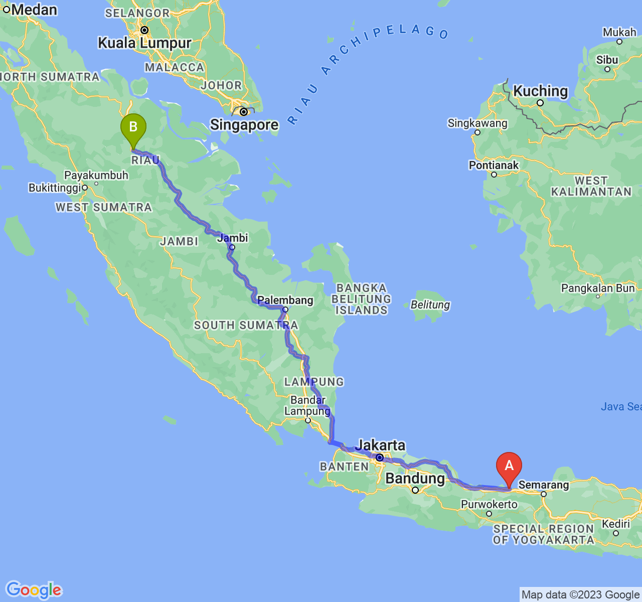 perjalanan dengan rute Kota Pekalongan-Kota Pekanbaru