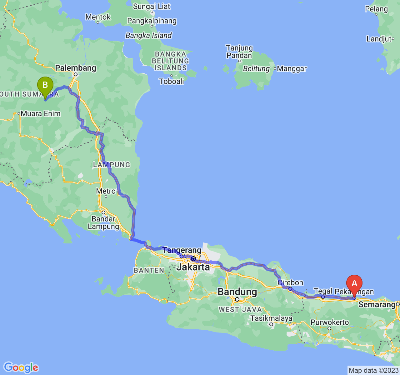 perjalanan dengan rute Kota Pekalongan-Kota Prabumulih