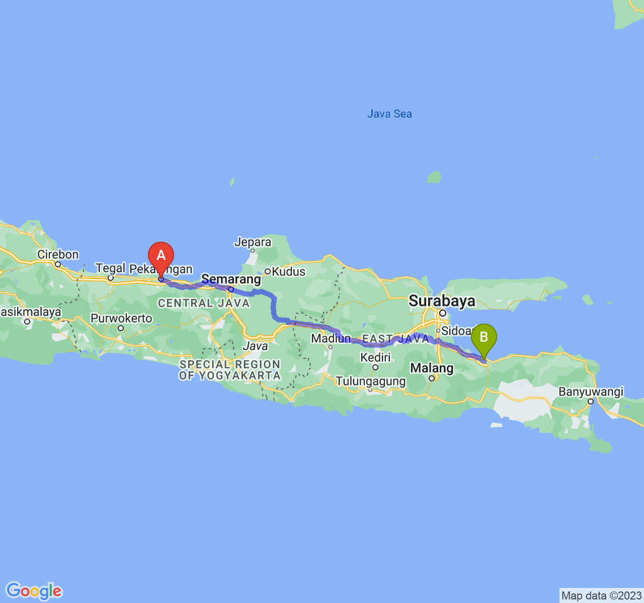 perjalanan dengan rute Kota Pekalongan-Kota Probolinggo