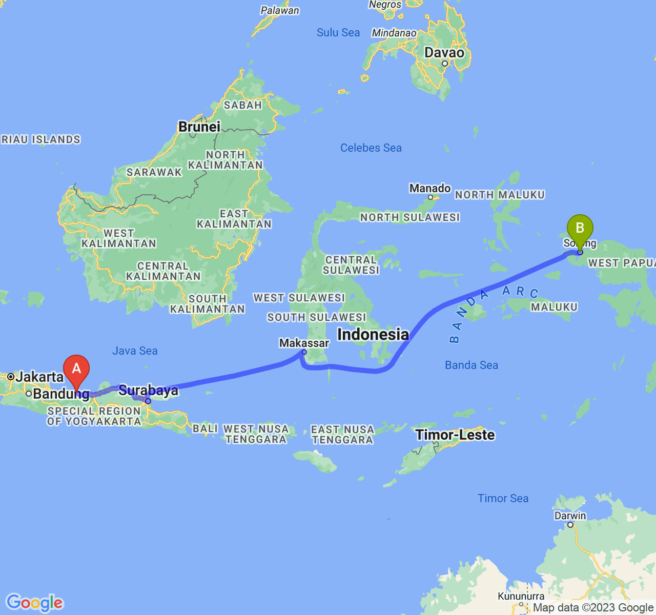 perjalanan dengan rute Kota Pekalongan-Kota Sorong