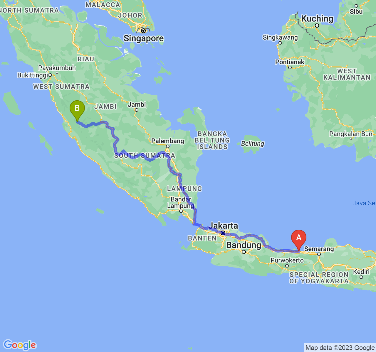 perjalanan dengan rute Kota Pekalongan-Kota Sungai Penuh