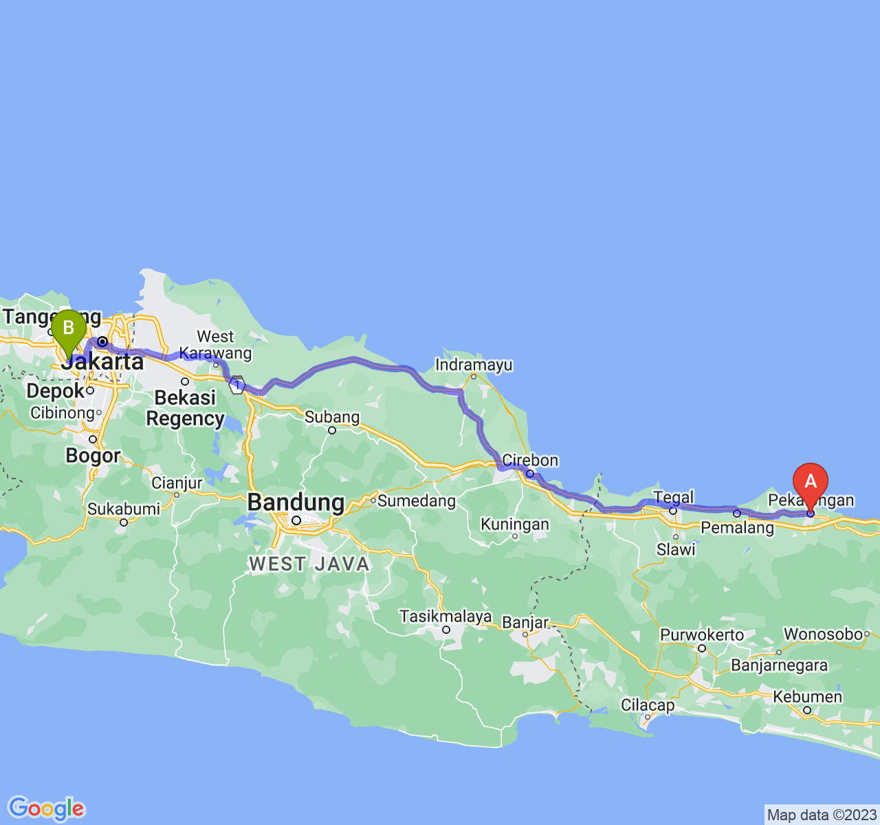 perjalanan dengan rute Kota Pekalongan-Kota Tangerang Selatan