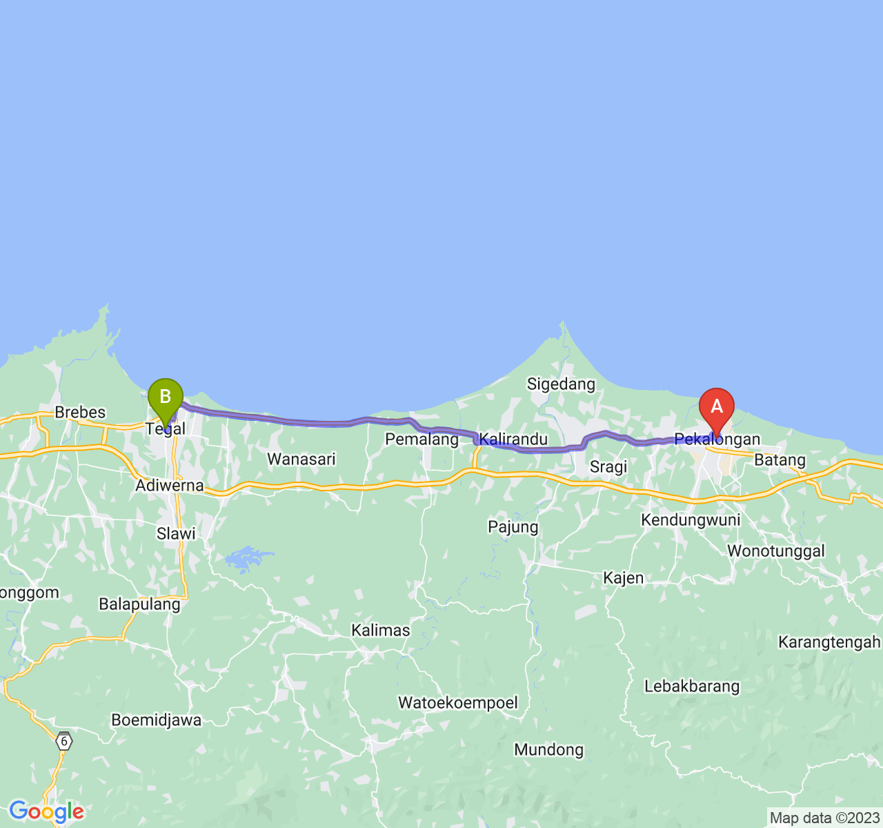 perjalanan dengan rute Kota Pekalongan-Kota Tegal