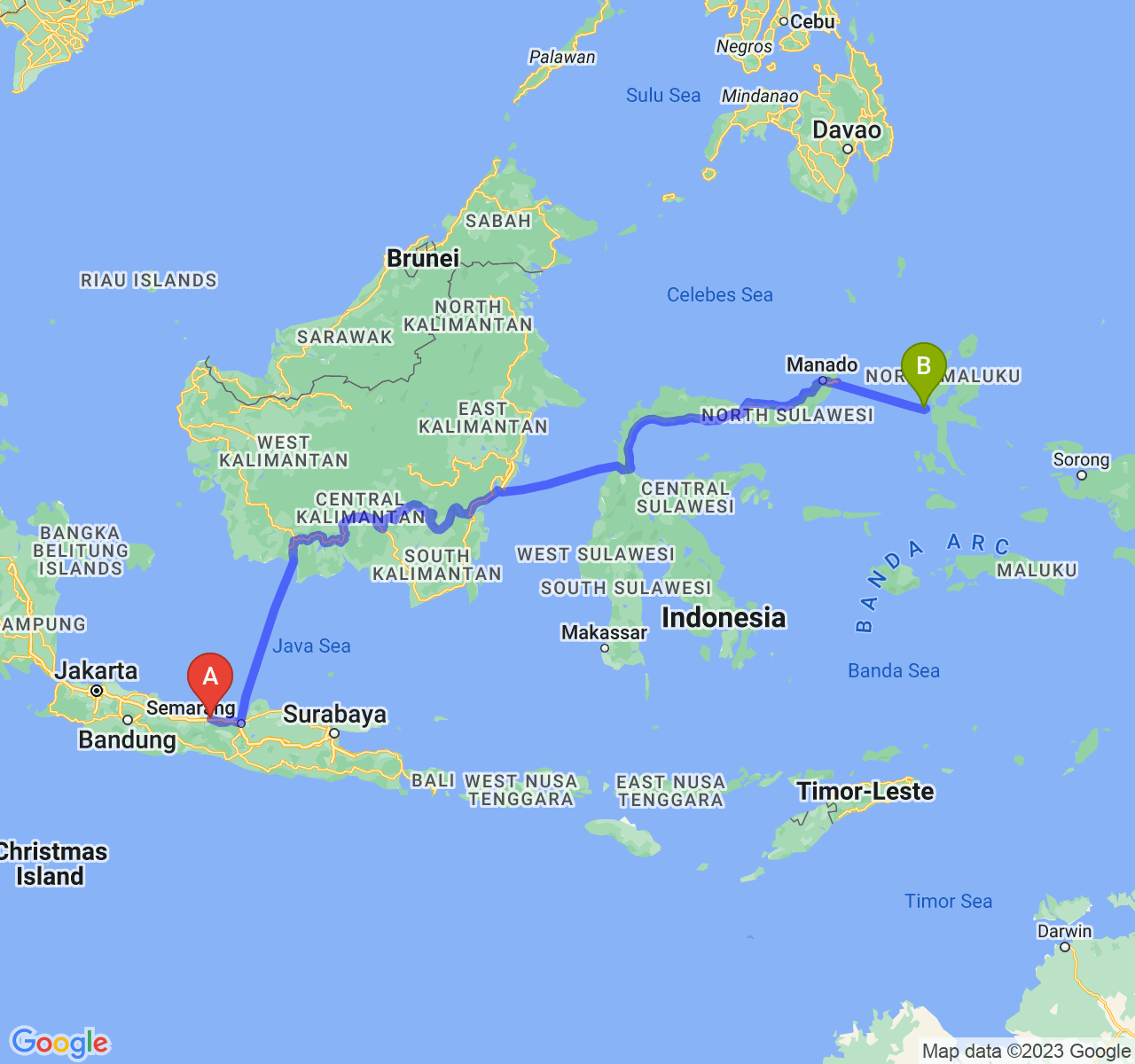 perjalanan dengan rute Kota Pekalongan-Kota Ternate