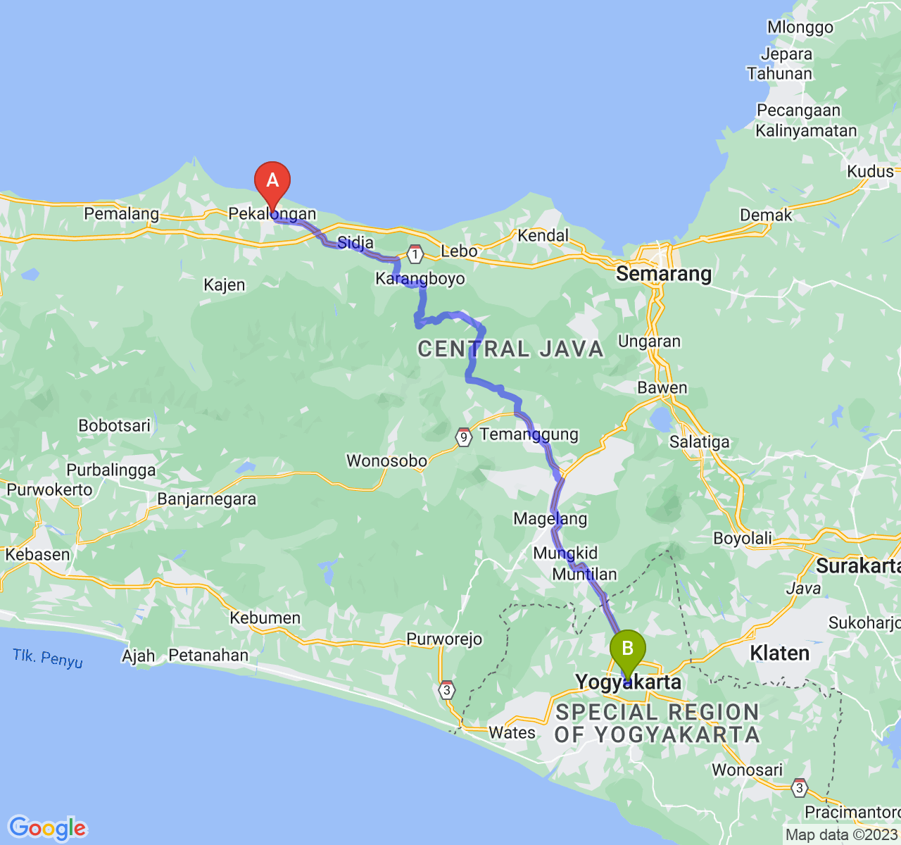 perjalanan dengan rute Kota Pekalongan-Kota Yogyakarta