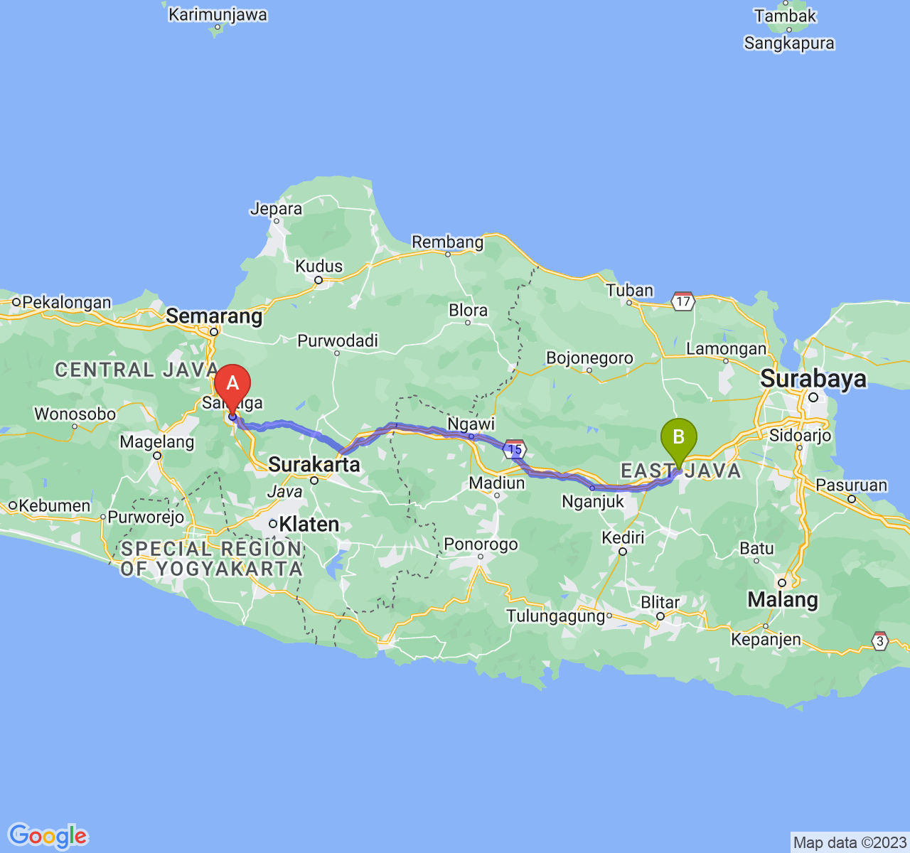 perjalanan dengan rute Kota Salatiga-Kab. Jombang