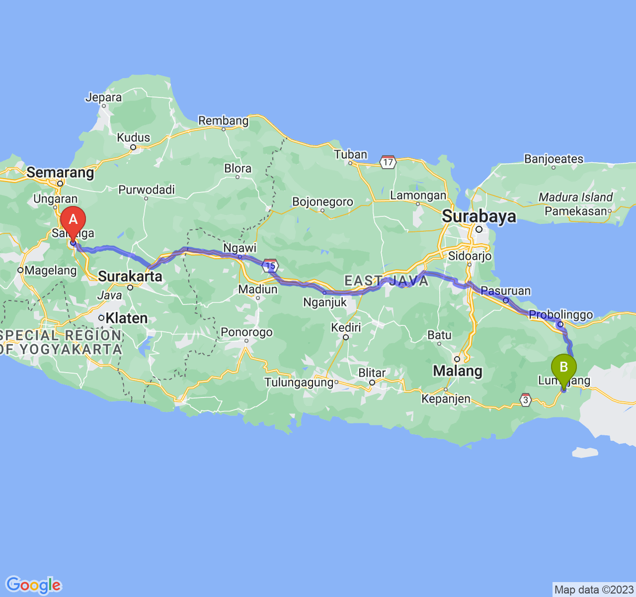 perjalanan dengan rute Kota Salatiga-Kab. Lumajang