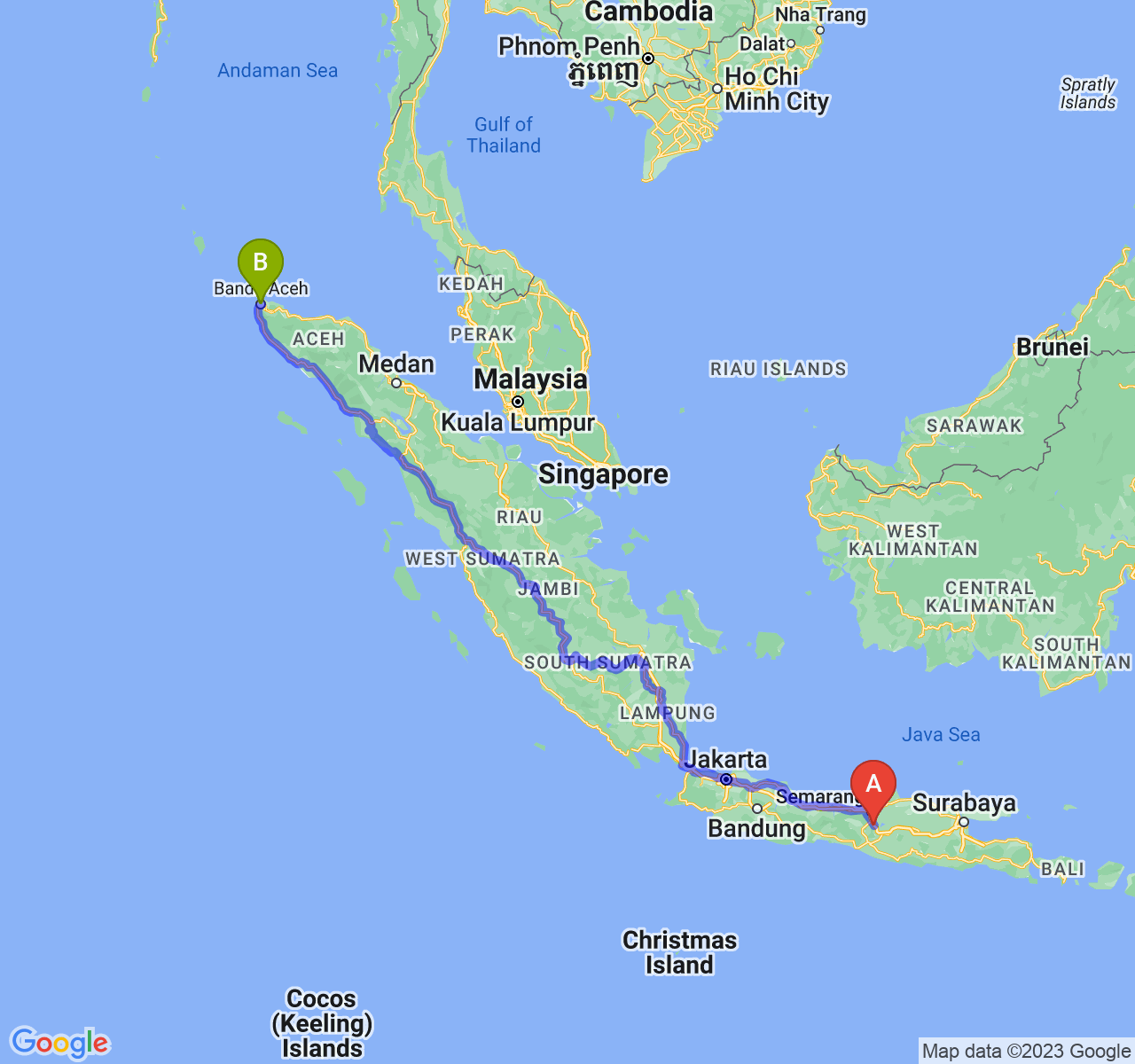 perjalanan dengan rute Kota Salatiga-Kota Banda Aceh