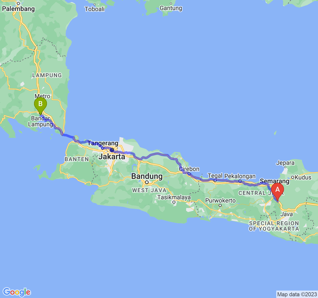 perjalanan dengan rute Kota Salatiga-Kota Bandar Lampung