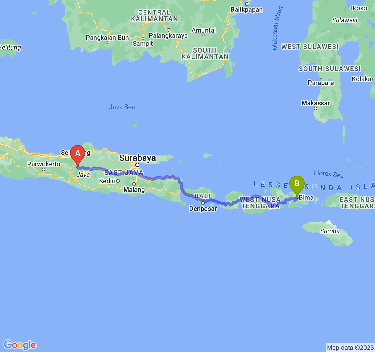 perjalanan dengan rute Kota Salatiga-Kota Bima