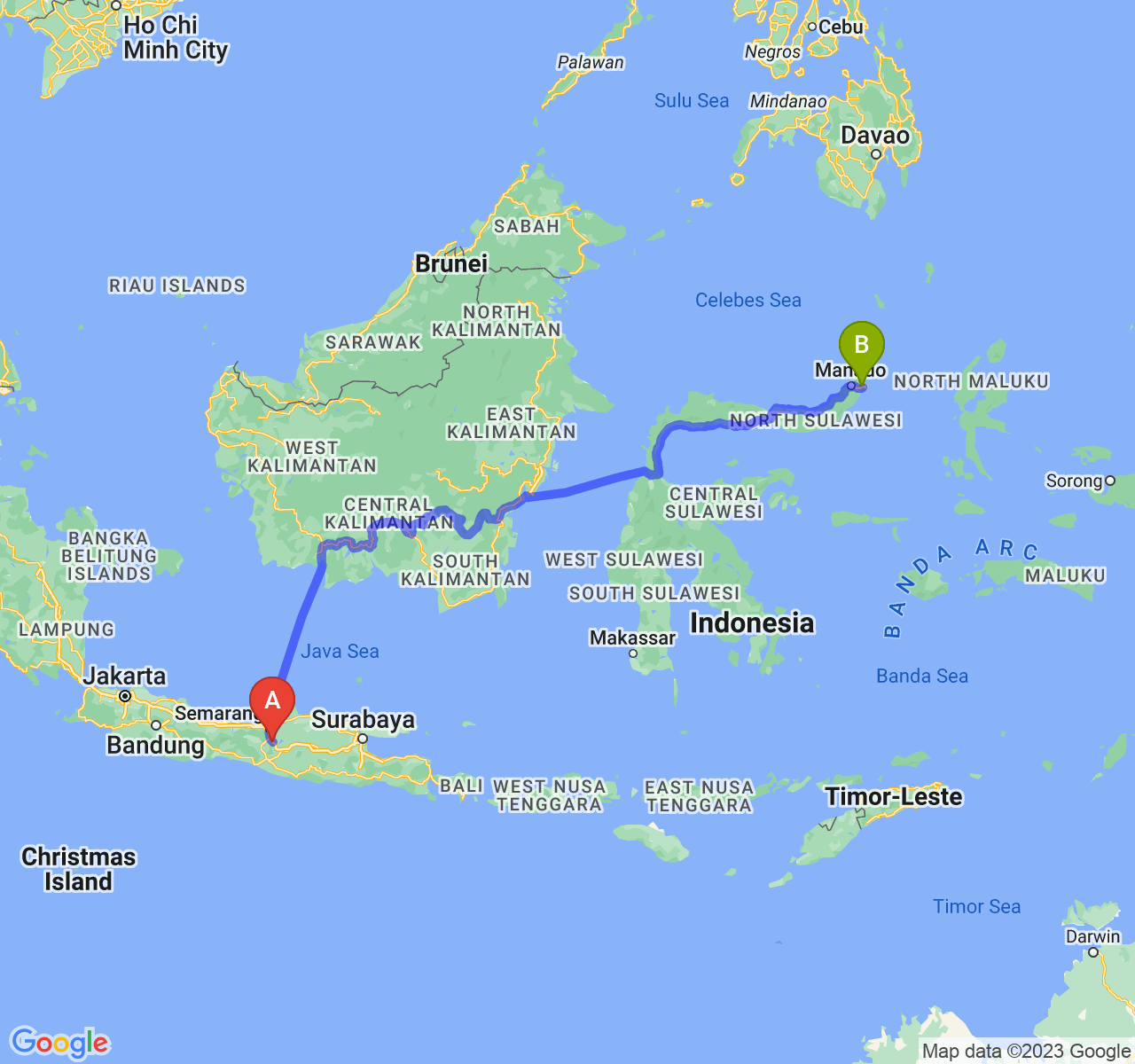 perjalanan dengan rute Kota Salatiga-Kota Bitung